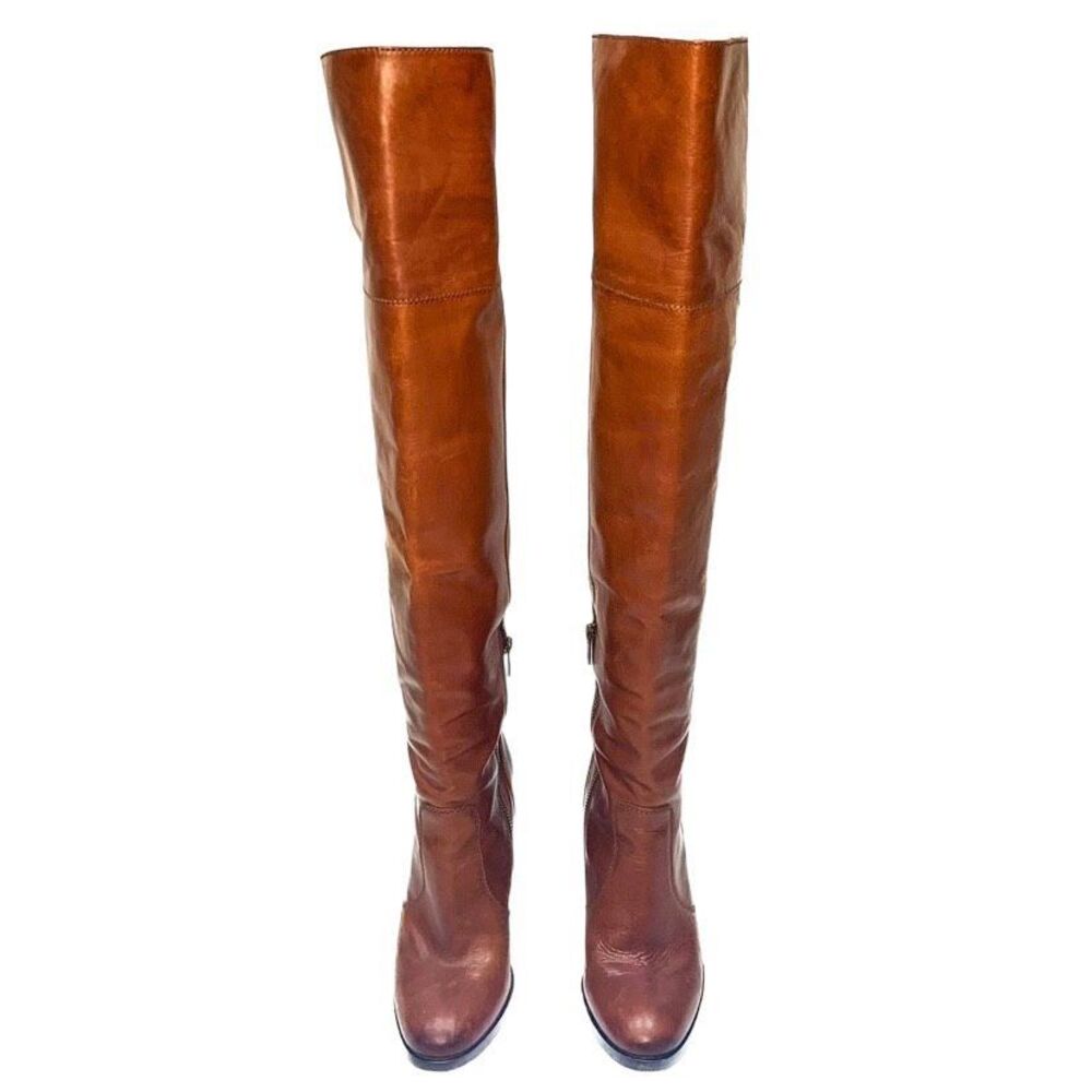Frye Claude Over The Knee Tall Chunky High Heeled Boot 8.5 Brown Leather OTK - Picture 2 of 9